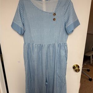 Light Blue Striped Romper with Pockets